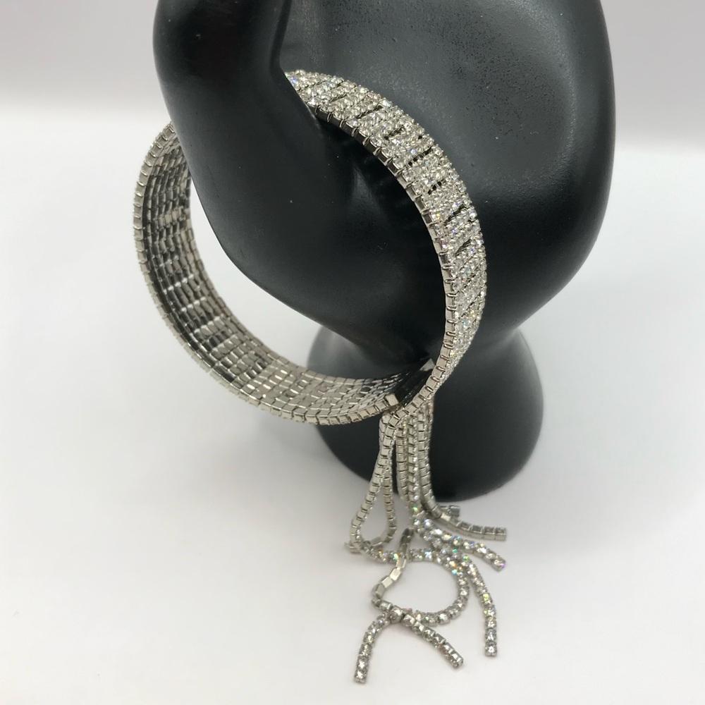 Silver-Tone & Pave Rhinestone Memory Wire Bracelet with Tassel - Picture 2 of 9